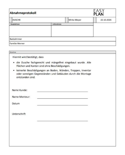 EASY PLAN Abnahmeprotokoll für eine Dusche mit Bestätigung der mängelfreien Montage und Unterschrift von Kunde und Monteur
