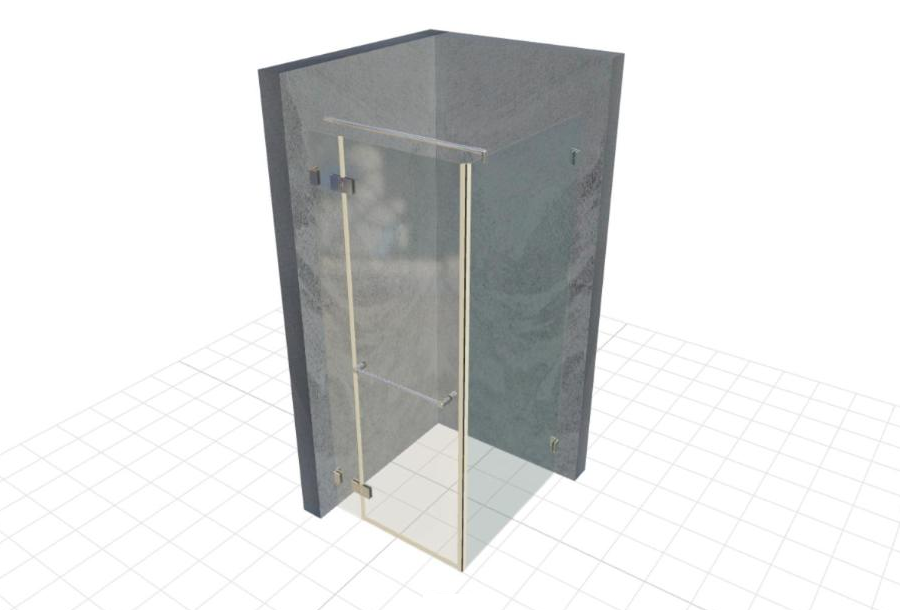 EASY PLAN 3D-Vorschau einer Eckdusche mit Pendeltür, Festteil, Seitenteil, Stabilisationsstange und Handtuchstange