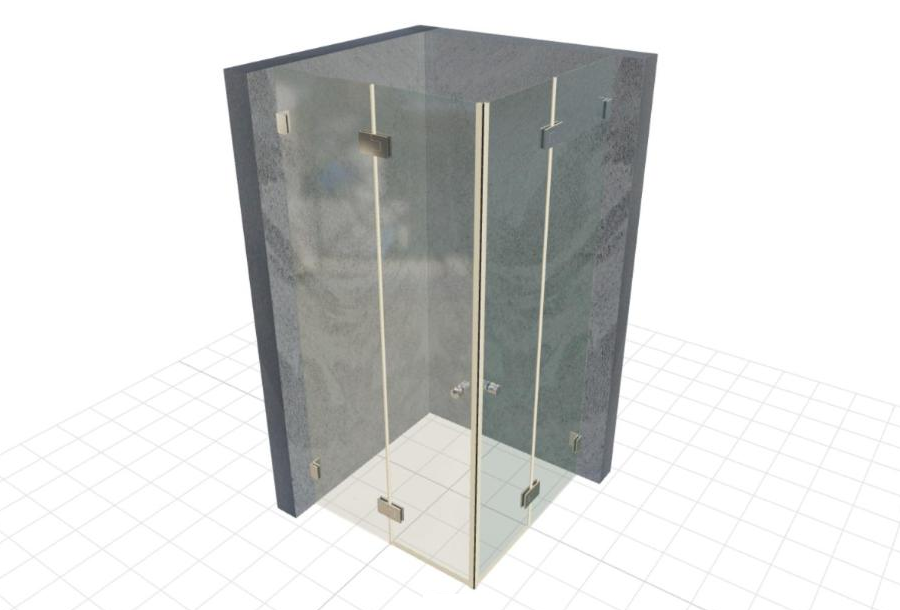 EASY PLAN 3D-Vorschau einer Eckdusche mit Eckeinstieg: zwei Türen an Festteilen, Bänder und Wandverbinder