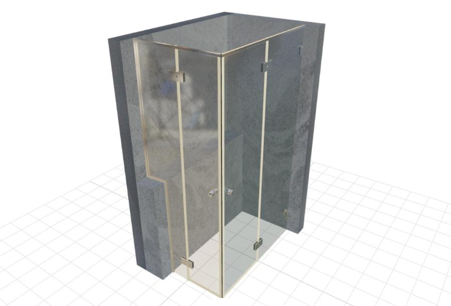 EASY PLAN 3D-Vorschau einer Dusche mit Ausbruch im Festteil für einen Wandvorsprung und Pendeltür