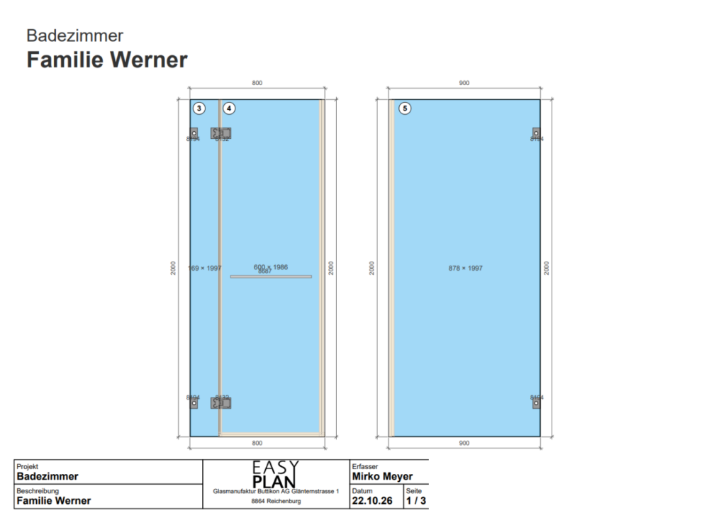EASY PLAN Abwicklung einer Eckdusche 800 × 900 × 2000 mm mit Festteil, Pendeltür und Seitenteil