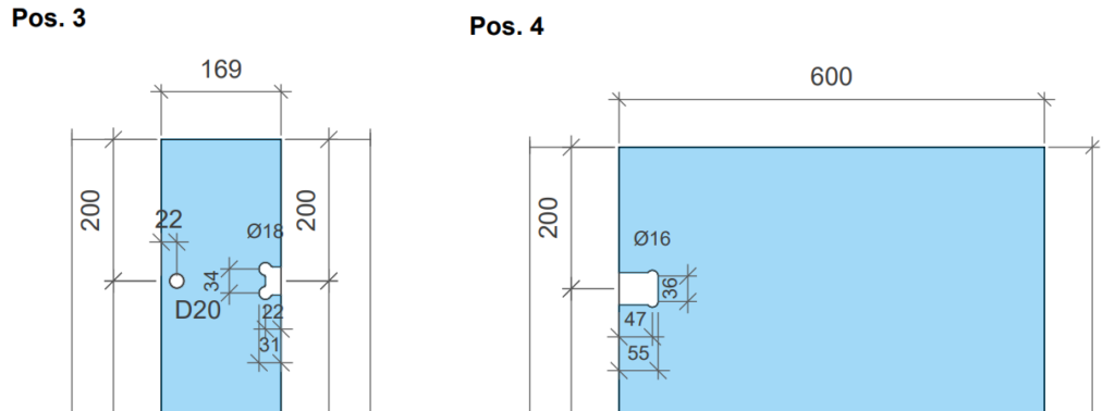 EASY PLAN Glaszeichnung-Detail: Bandausschnitte und Bohrung am Festteil und an der Tür einer Glasdusche