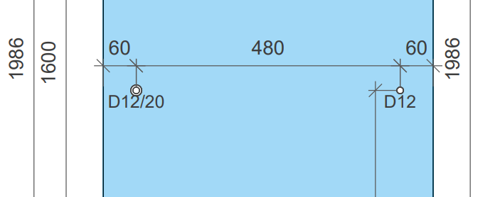 EASY PLAN Glaszeichnung-Detail: Bohrungen für Griff und Handtuchstange an der Duschtür, Abstand 480 mm