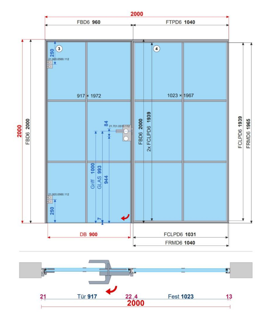 EASY PLAN Ausführungszeichnung einer Glastrennwand 2000 × 2000 mm mit Tür und Festteil: Profillängen, Glasmaße, Bänder 250 mm von oben und unten, Griffhöhe 1000 mm, Durchgangsbreite 900 mm und Grundriss-Schnitt