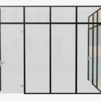 EASY PLAN 3D-Ansicht einer Glastrennwand Längle AL-OFFICE NY mit zwei Türen, Oberlichtern und Eckpfosten