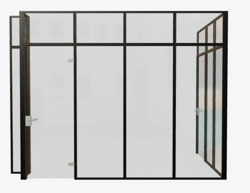 EASY PLAN 3D-Ansicht einer Glastrennwand Längle AL-OFFICE NY mit zwei Türen, Oberlichtern und Eckpfosten