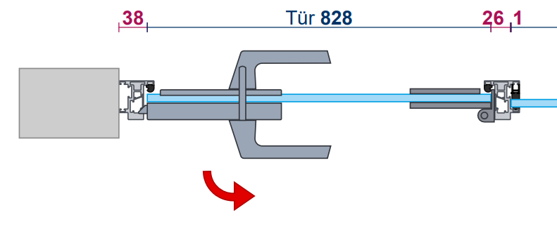 EASY PLAN Grundriss-Detail einer Glastür im Profilsystem: Wandanschluss, Türblatt 828 mm mit Drücker und Band, Anschluss ans Festteil