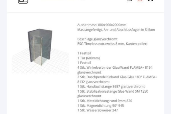EASY PLAN erzeugt aus der Konstruktion die Angebotsbeschreibung einer Dusche mit 3D-Ansicht, Außenmaß, Glasart, Beschlägen und Leistungen