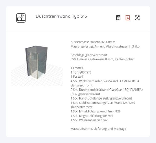 EASY PLAN erzeugt aus der Konstruktion die Angebotsbeschreibung einer Dusche mit 3D-Ansicht, Außenmaß, Glasart, Beschlägen und Leistungen