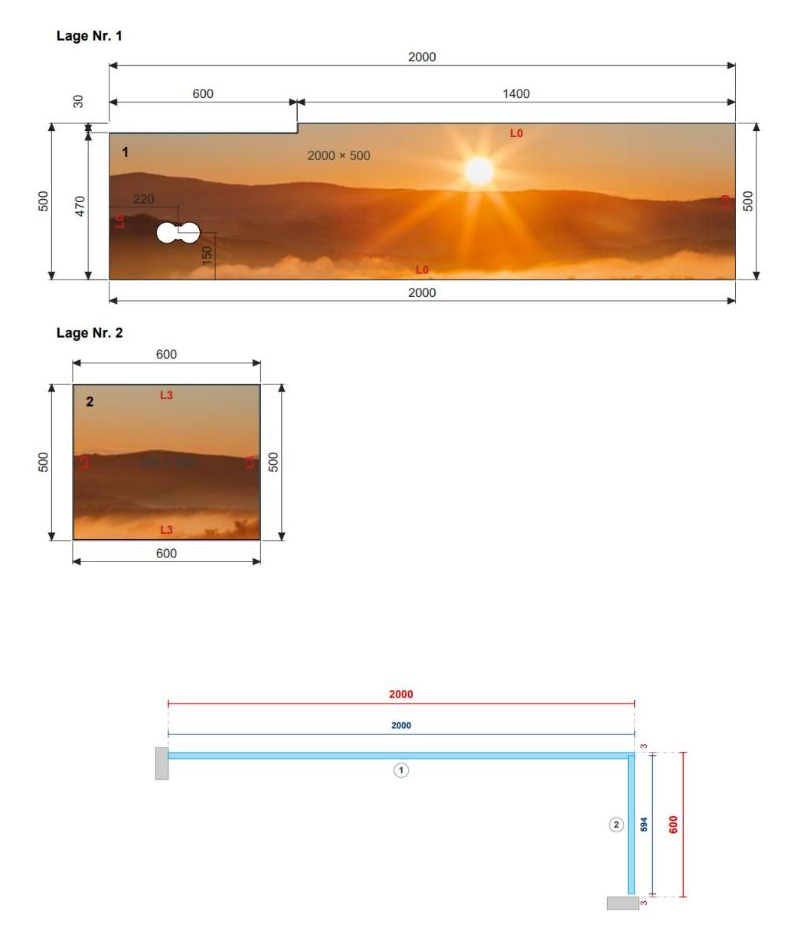 EASY PLAN Ausführung je Wand mit Luftmaßen an jeder Glaskante und Grundriss einer Küchenrückwand über Eck, 2000 und 600 mm