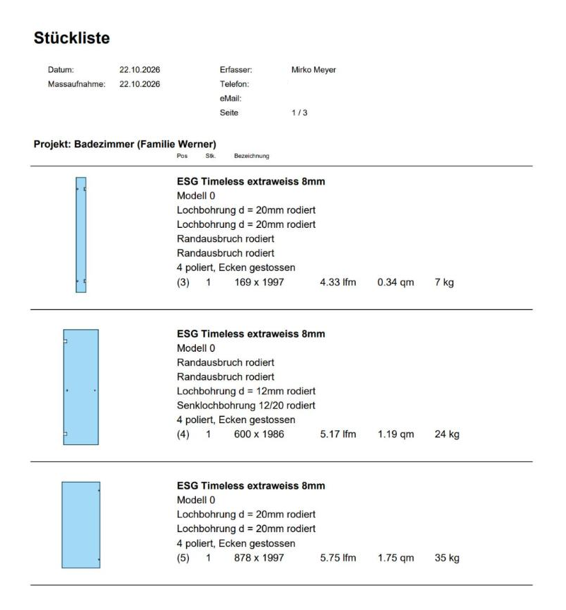 EASY PLAN Stückliste mit Glaspositionen: Glasart, Bohrungen, Ausbrüche, Kanten, Maße, Laufmeter, Fläche und Gewicht je Glas